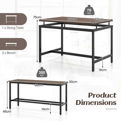 Costway 3 PCS Kitchen Dining Room Furniture Set W/ 108Cm Wooden Kitchen Table