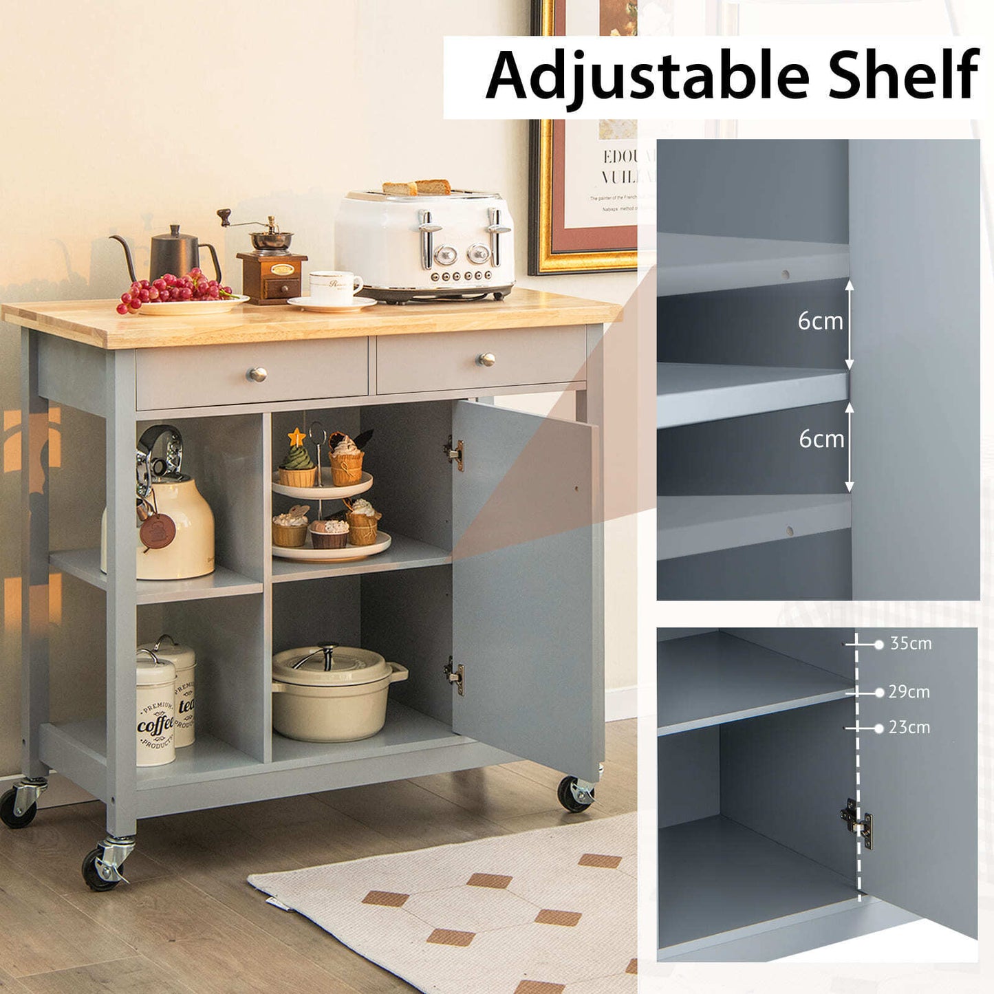 Costway Mobile Kitchen Island Cart Rolling Kitchen Island W/4 Open Shelves Grey