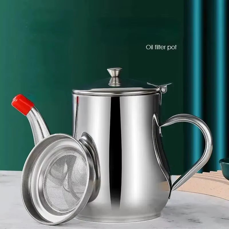 1Pc Household Stainless Steel Oil Pot with Filter Oil Filter Pot Stainless Steel Cooking Oil Storage Pot Kitchen Gadget