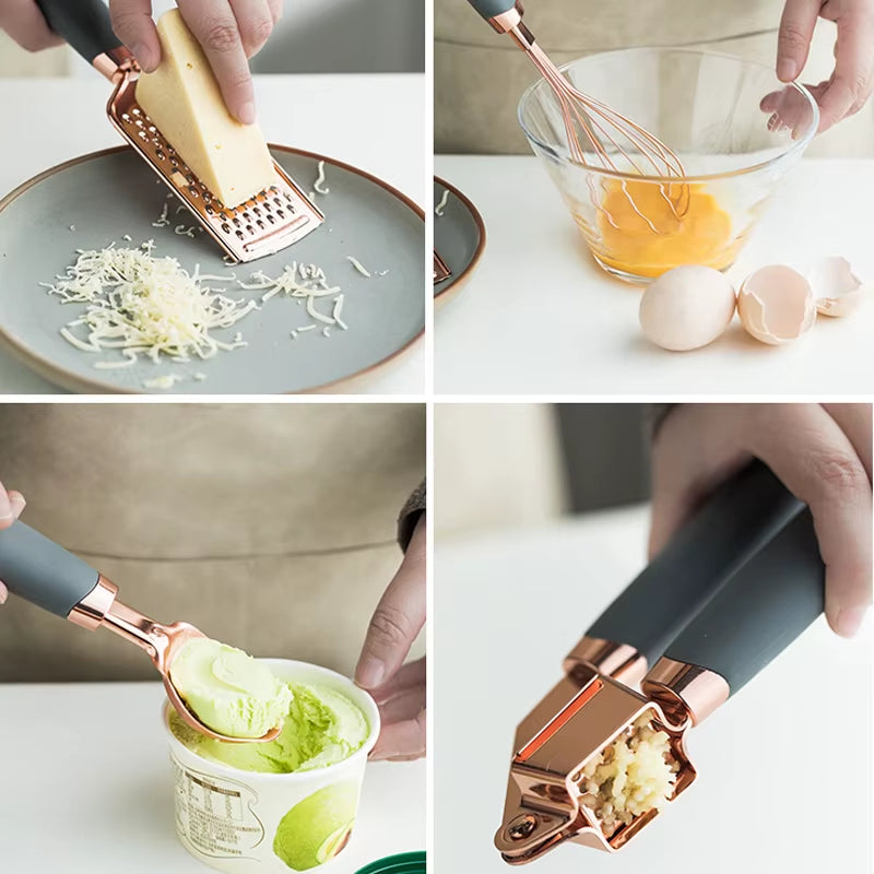 4-7PCS Rose Gold Garlic Press Pizza Cutter Kitchen Gadget Set Can Opener Potato Cooking High-End Kitchenware Kitchen Accessories