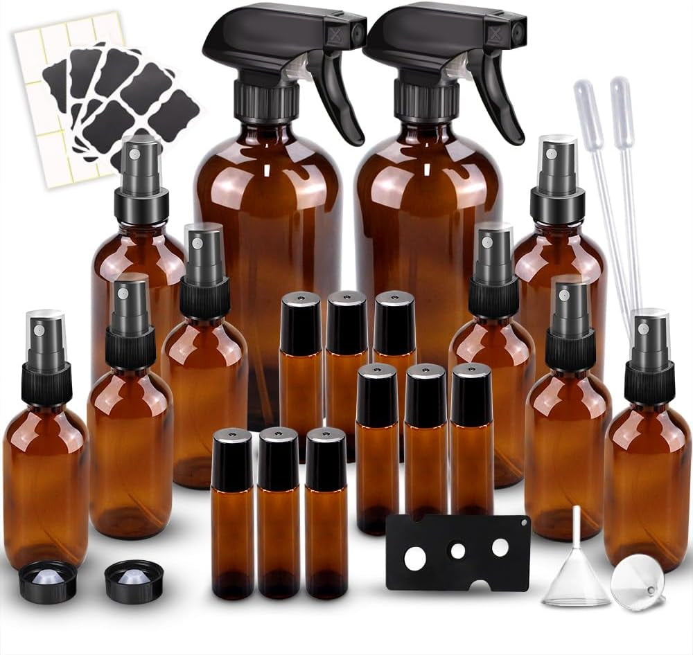 Glass Spray Bottles Kits, Bonytek Empty 12 10 Ml Roller Bottles, 12 Amber Essential Oil Bottle(216Oz,24Oz,82Oz) with Labels for Aromatherapy Cleaning Products