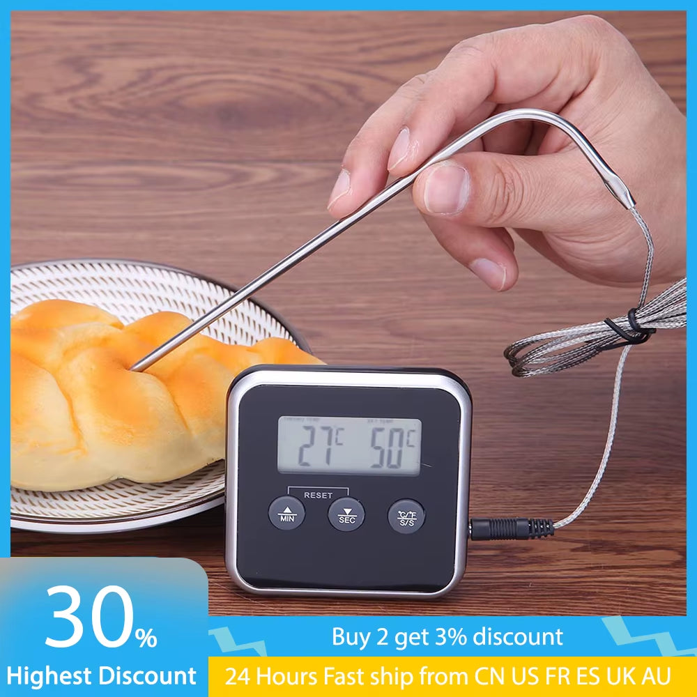 Electronic Digital LCD Food Thermometer Probe BBQ Meat Water Oil Cooking Temperature for Kitchen Cooking Alarm Cooking Timer