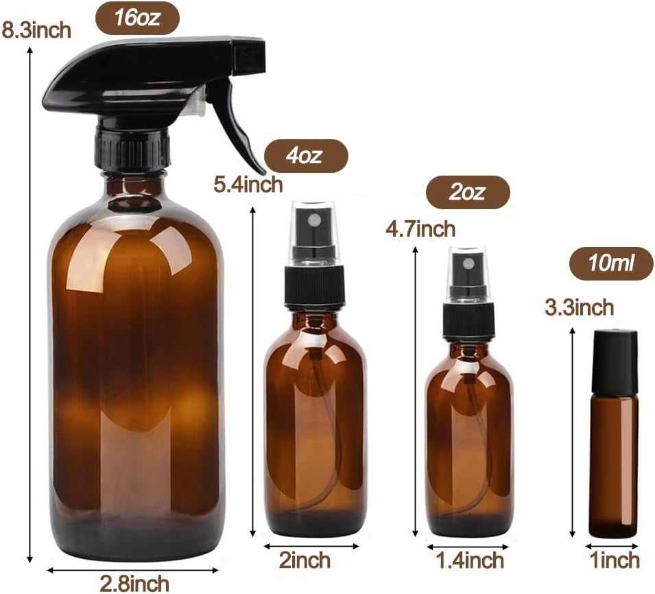 Glass Spray Bottles Kits, Bonytek Empty 12 10 Ml Roller Bottles, 12 Amber Essential Oil Bottle(216Oz,24Oz,82Oz) with Labels for Aromatherapy Cleaning Products