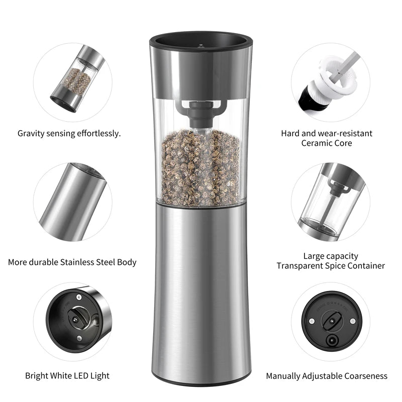 Electric Rechargeable Salt and Pepper Grinder with Adjustable Coarseness Refillable Mill Battery Powered Kitchen Gadget