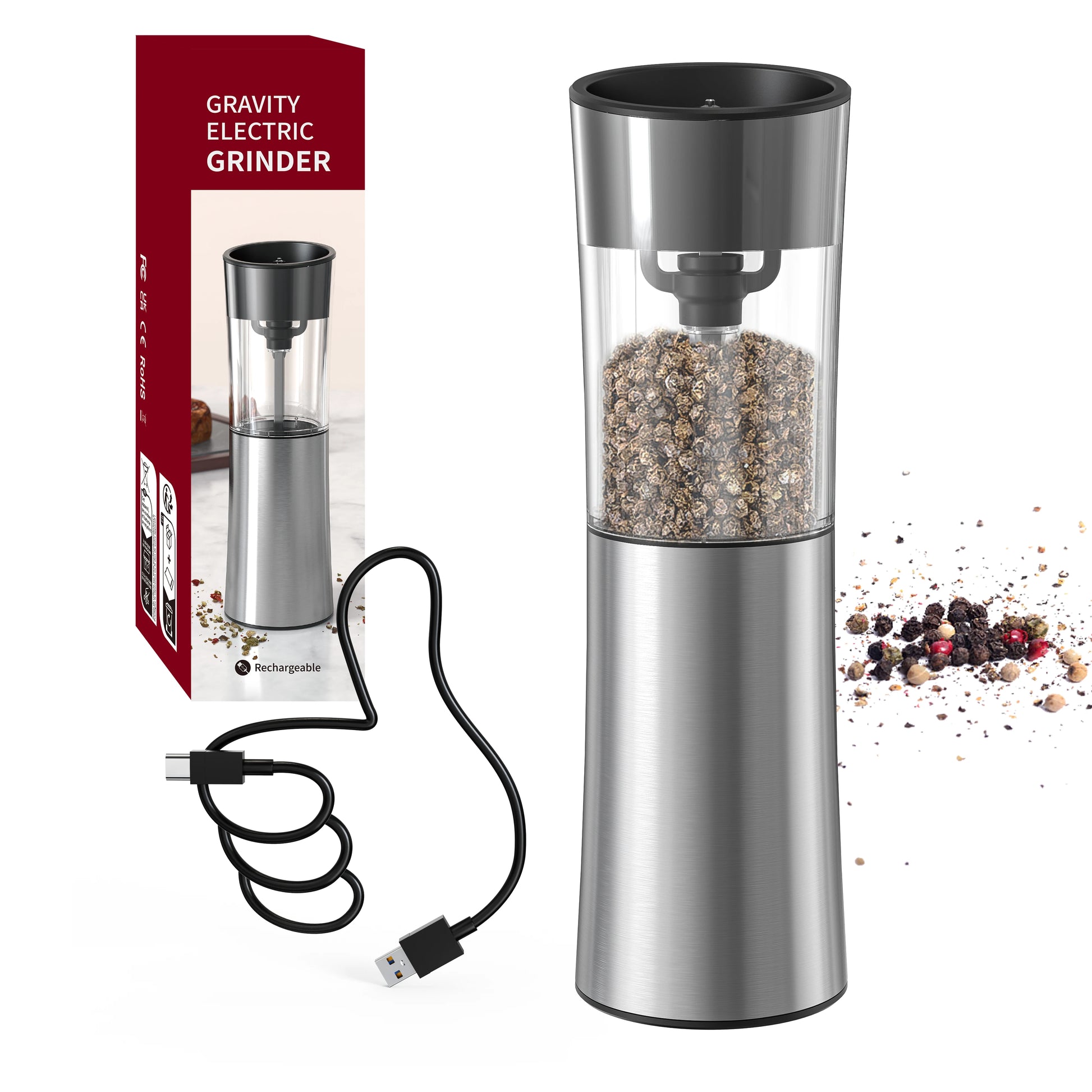 Electric Rechargeable Salt and Pepper Grinder with Adjustable Coarseness Refillable Mill Battery Powered Kitchen Gadget