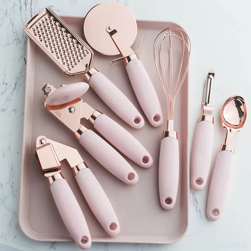 4-7PCS Rose Gold Garlic Press Pizza Cutter Kitchen Gadget Set Can Opener Potato Cooking High-End Kitchenware Kitchen Accessories