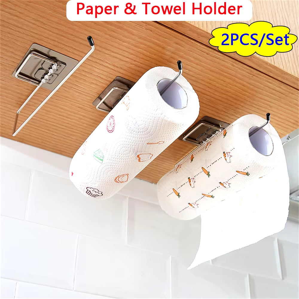 2PCS Kitchen Paper Towel Holder Adhesive Toilet Paper Rack Towel Hanger Tissue Dispenser Roll Napkin Cabinet Storage Accessories