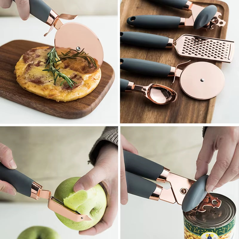 4-7PCS Rose Gold Garlic Press Pizza Cutter Kitchen Gadget Set Can Opener Potato Cooking High-End Kitchenware Kitchen Accessories